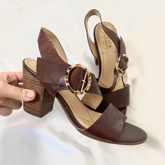 Lucca Lane Dark Brown Leather Tortoise Clasp Lace Up Chunky Heel Sandals US 8.5 - Picture 2 of 8
